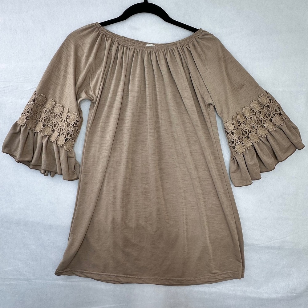 WinWin Ruffle Sleeve Tunic Top Brown Crochet Lace Boho S-M